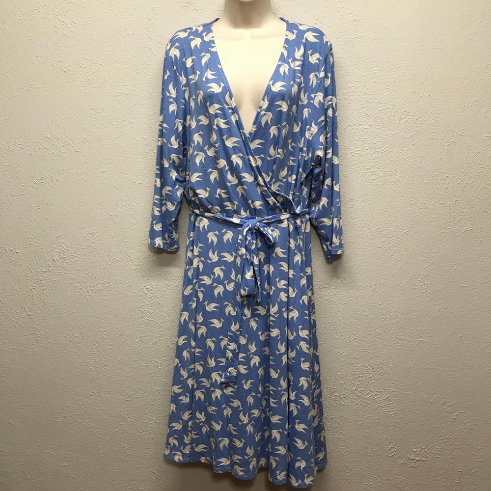 Soft Surroundings Faux Wrap Dress Women 1X Blue Dove Bird Print 3/4 Sleeve Midi
